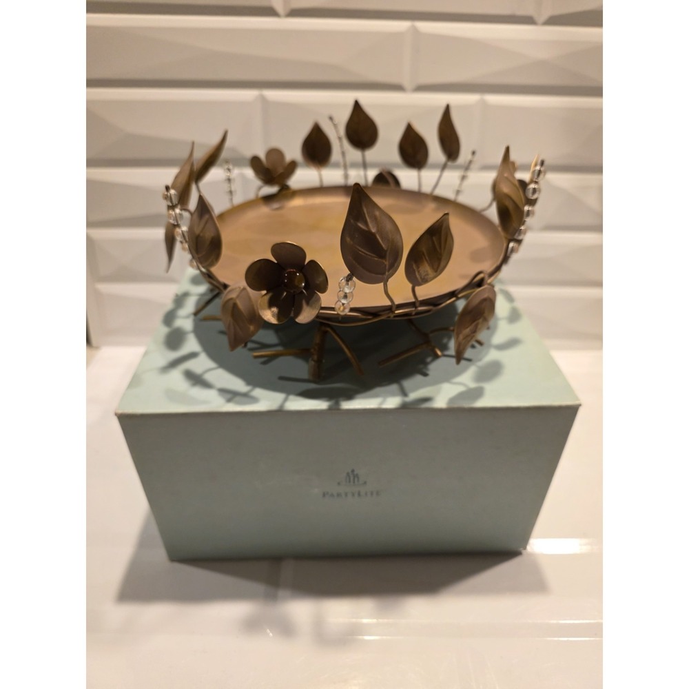 Partylite #3302 Golden Leaves‎ 3-Wick Metal Bronze Color Candle Holder Tray
